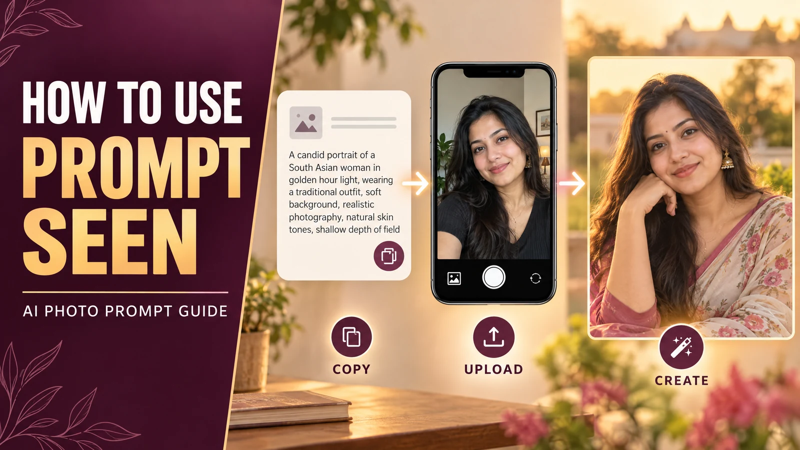 How to use Prompt Seen AI photo prompts: copy a prompt, upload a photo, and create an AI image